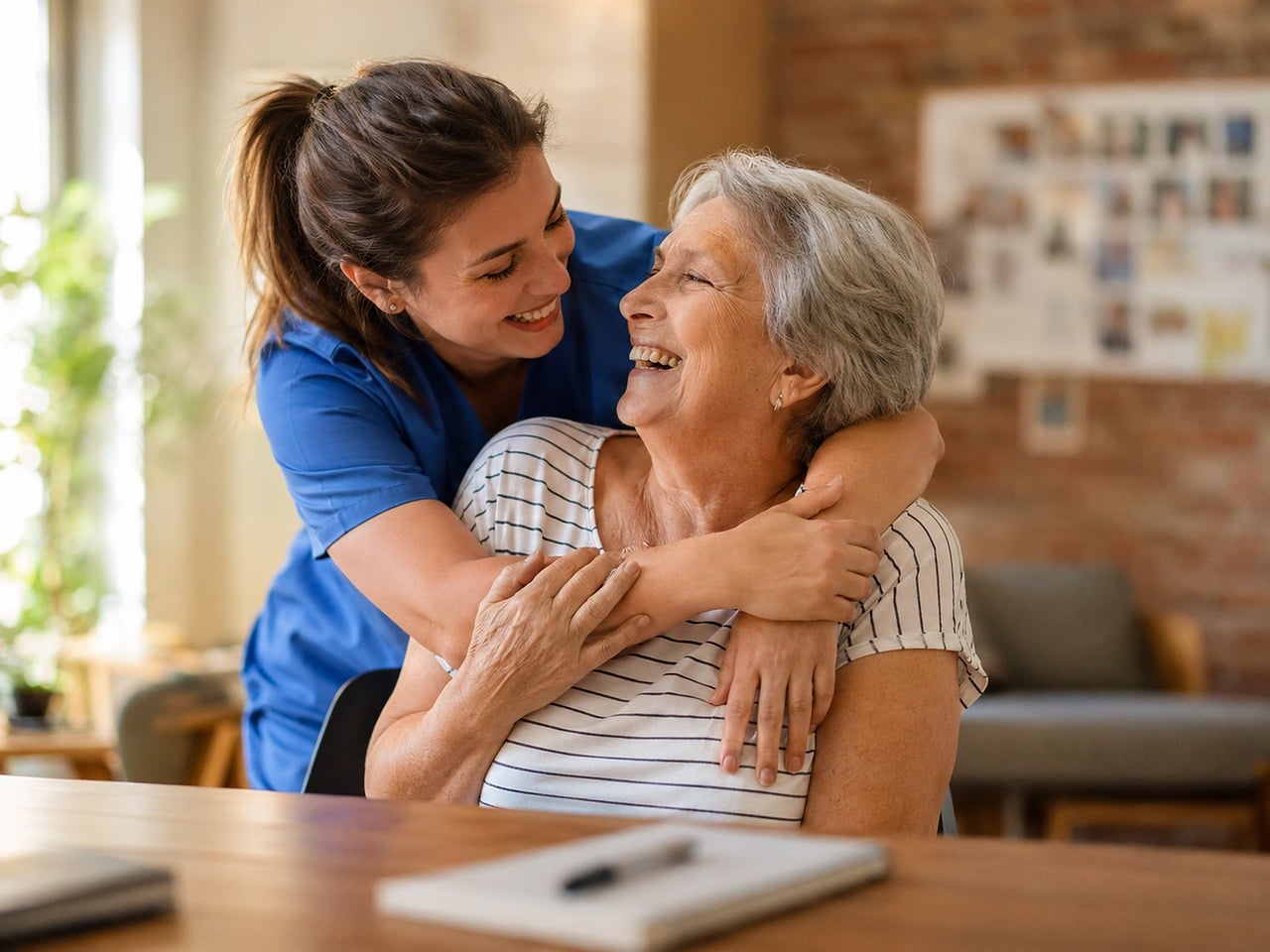 Caregiver warmly hugging a smiling senior woman